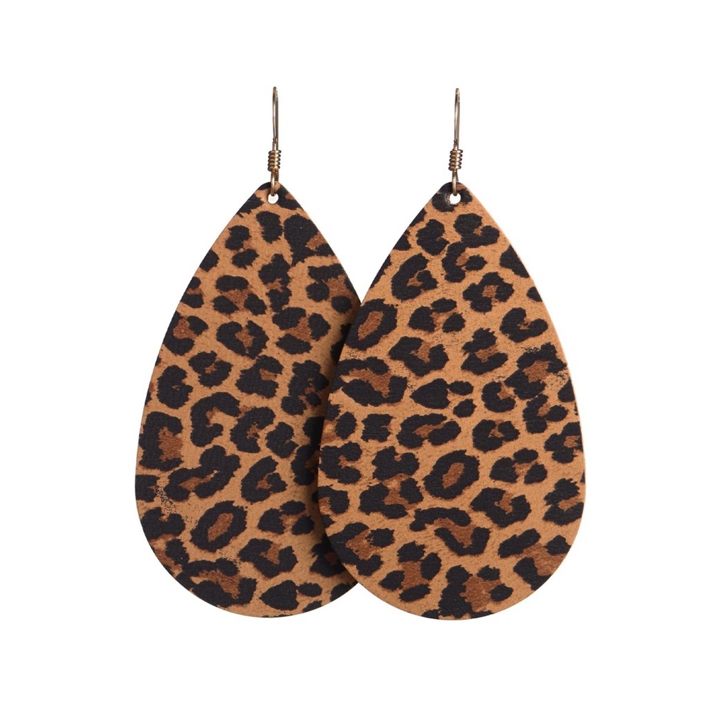 Nickel & Suede Small Spotted Leopard Animal Print Leather Teardrop Earring